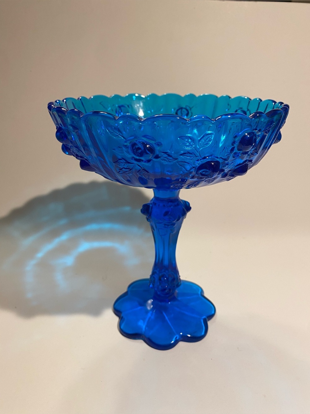 Vintage Fenton Colonial/Cobalt Blue Cabbage Rose Pedestal Compote Candy Dish 7”